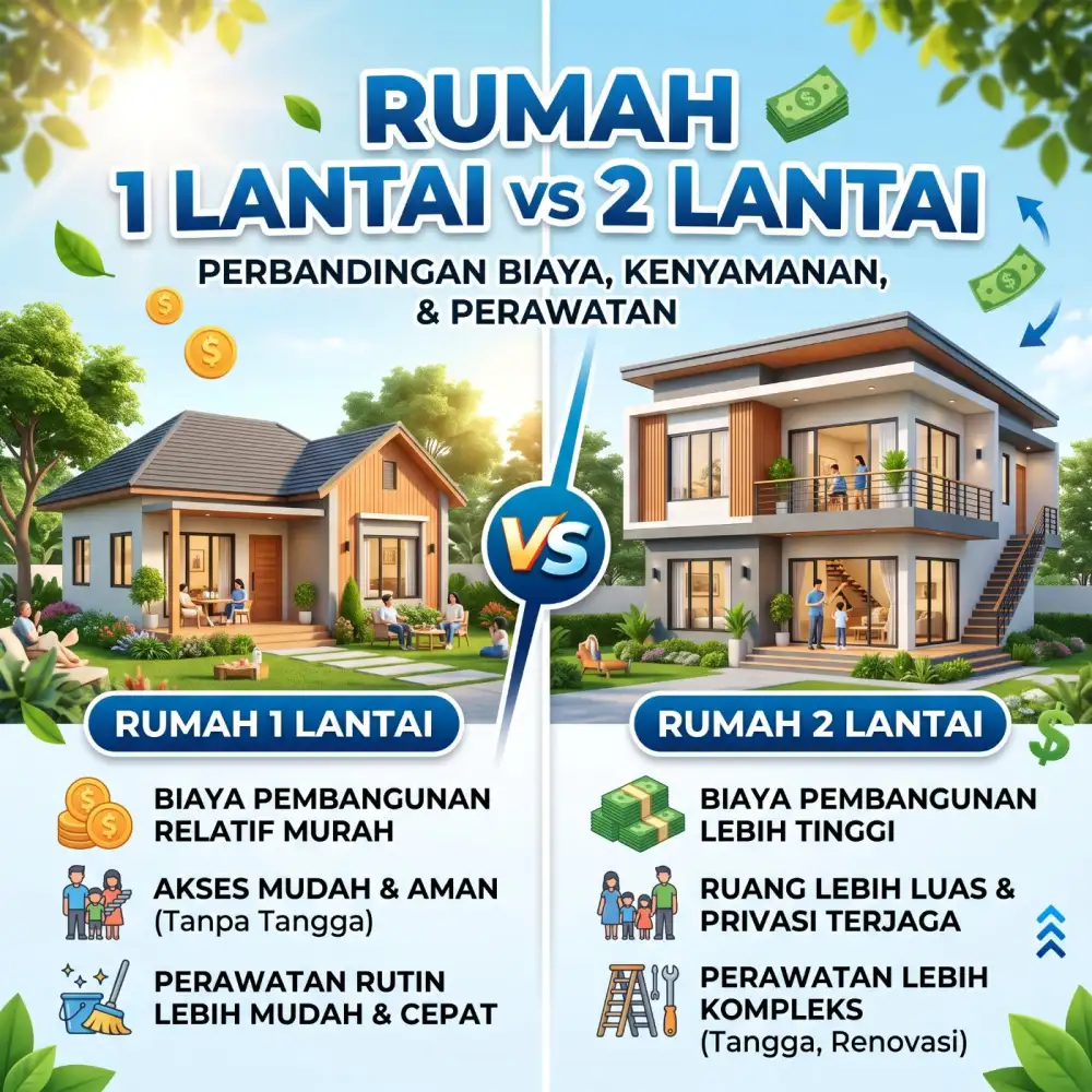 Rumah 1 Lantai vs 2 Lantai: Perbandingan Biaya, Kenyamanan, dan Perawatan