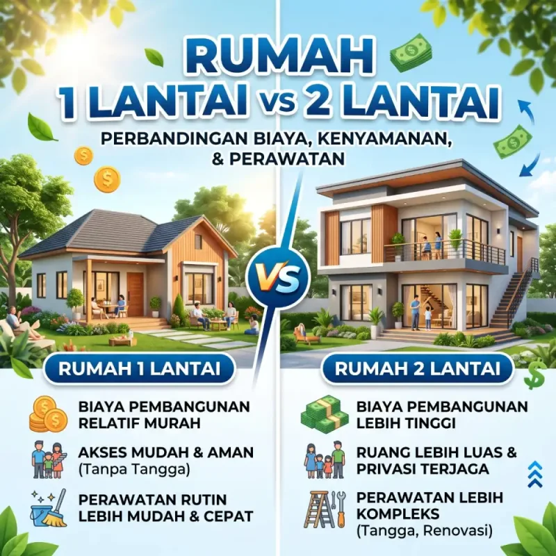 Rumah 1 Lantai vs 2 Lantai: Perbandingan Biaya, Kenyamanan, dan Perawatan